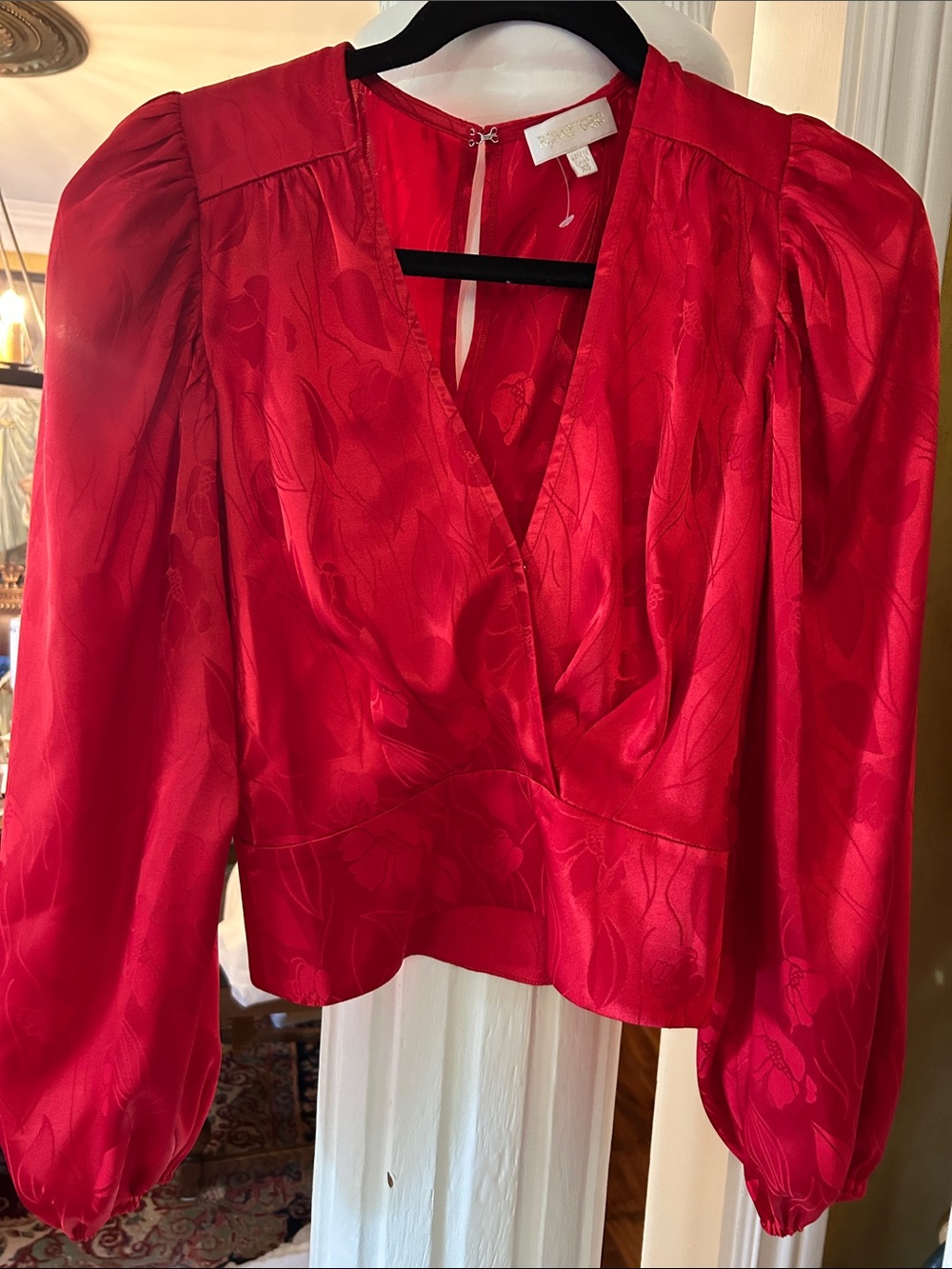 Ronny Kobo Collection Red Satin V-Neck Puff Sleeve Blouse